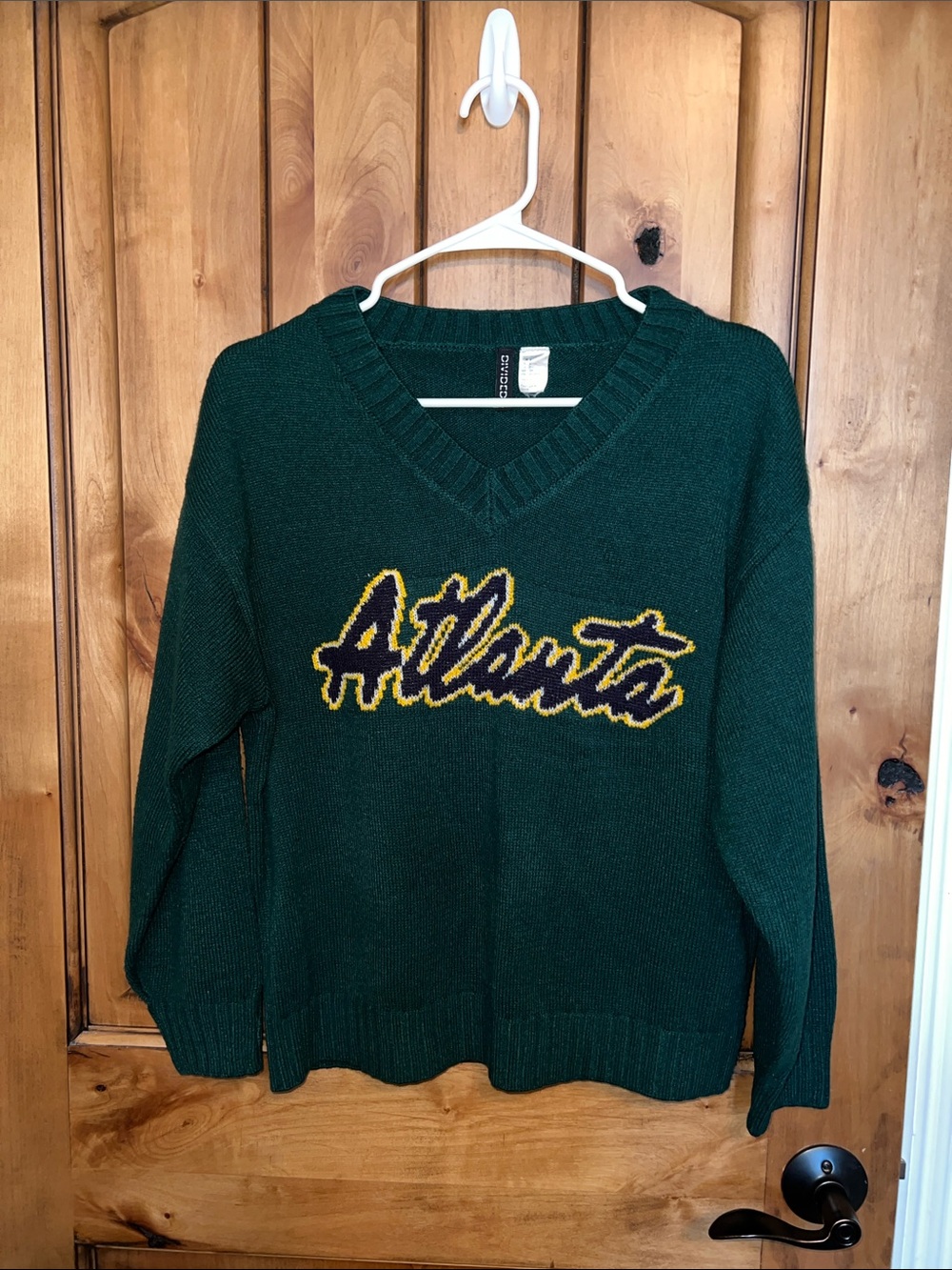 H&M Dark Green V-Neck Sweater with Script Logo